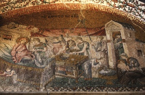 Mosaico que representa el nacimiento de la Virgen